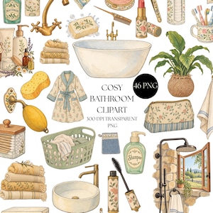 Op de afbeelding: Een collectie aquarel badkamerclipart met een badkuip, wastafel, wasmachine, badjas, handdoeken, toiletartikelen en accessoires met bloemenpatroon. De set bevat 46 PNG-bestanden met transparante achtergronden voor diverse ontwerpprojecten.