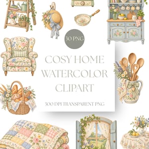 Peut inclure: Une collection d'illustrations à l'aquarelle comprenant une étagère échelle en bois, des livres, une bouilloire sur une cuisinière, une poêle, un vaisselier, un fauteuil, un panier de pain, un chapeau de paille, des ustensiles et une fenêtre.