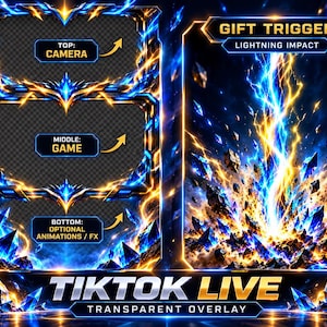 Könnte beinhalten: Ein digitales Streaming-Overlay mit blauen und goldenen Blitzeffekten und Kristallsplittern. Das Layout enthält beschriftete Bereiche für Kamera, Spiel und optionale Animationen sowie ein Feld für Geschenk-Trigger mit Blitz-Effekt.