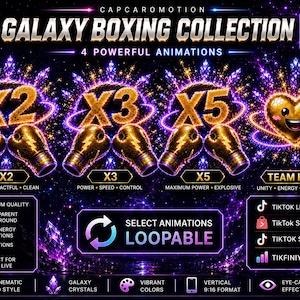 Peut inclure: Une collection numérique de quatre animations Galaxy Boxing avec des gants de boxe dorés et une icône de cœur avec les multiplicateurs X2, X3 et X5. Le graphique inclut des textes comme GALAXY BOXING COLLECTION, TEAM HEART et SELECT ANIMATIONS LOOPABLE.