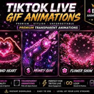 Könnte beinhalten: Eine digitale Grafikdarstellung von TikTok Live GIF-Animationen mit drei verschiedenen pinkfarbenen Motiven: ein Handherz, eine Geldpistole und eine Blumenshow. Das Layout enthält Textbeschriftungen, ein Kronensymbol und technische Spezifikationen für transparente PNG-Animationen.