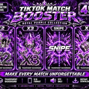 May include: A digital graphic set titled TikTok Match Booster Royal Purple Collection featuring four animations with a crown, crystals, a target, and a boxing glove. The purple-themed design includes text overlays and transparent background icons.