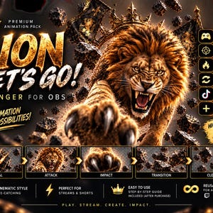 Könnte beinhalten: Ein digitales Animationspaket für OBS mit einem brüllenden Löwen mit goldener Krone, umgeben von schwebenden dunklen Felsen. Der Text lautet LION LET'S GO! STINGER FOR OBS, PREMIUM ANIMATION PACK, ONE ANIMATION MANY POSSIBILITIES und HIGH QUALITY WEBM WITH SOUND.