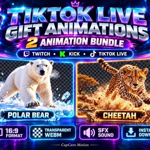 Peut inclure: Un ensemble numérique d'animations de cadeaux TikTok Live montrant un ours polaire sur la glace et un guépard en course. Le graphique affiche le texte TIKTOK LIVE GIFT ANIMATIONS 2 ANIMATION BUNDLE, avec des icônes Twitch, Kick et TikTok Live.