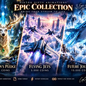 Könnte beinhalten: Eine digitale Sammlung von drei Animationen mit dem Titel Epic Collection. Die erste zeigt einen leuchtenden Hirsch, die zweite Kampfflugzeuge in einem bewölkten Himmel und die dritte einen Wal über einer futuristischen Stadt.