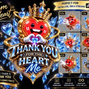 Könnte beinhalten: Eine 3D-animierte Grafik mit einer roten Herzfigur, die eine goldene Krone trägt und ein blaues Diamantherz hält. Der Text lautet Team Heart Animation und Thank You For The Heart Me. Das Design enthält blaue Diamantakzente und einen transparenten Hintergrund.