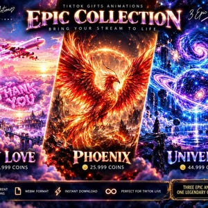 Könnte beinhalten: Eine digitale Sammlung von drei TikTok-Animationen mit dem Titel Epic Collection. Das Fly Love-Panel zeigt ein Flugzeug mit einer rosa Herz-Rauchspur und dem Text Thank You. Das Phoenix-Panel zeigt einen feurigen Vogel. Das Universe-Panel zeigt Planeten und Galaxien.
