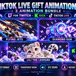 May include: A digital bundle titled TIKTOK LIVE GIFT ANIMATIONS featuring three animations: Flying Jets, Diamond Gun, and Lili the Leopard. The graphics include neon blue and purple accents, 16:9 format, transparent WebM files, and SFX sound.