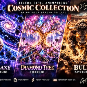 Może przedstawiać: Cyfrowa grafika przedstawiająca trzy animacje prezentów TikTok o nazwie Cosmic Collection. Panele ukazują wirującą fioletową galaktykę, świecące diamentowe drzewo oraz szarżującego byka z ognistymi oczami. Tekst: Galaxy 1.000 Coins, Diamond Tree 1.088 Coins, Bull 2.999 Coins.