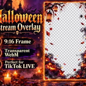 Peut inclure: Une superposition de flux Halloween avec un cadre 9:16 à bordure orange lumineuse, orné de lanternes suspendues, feuilles d'automne, toiles d'araignée, une araignée, fumée, bougies et une citrouille. Texte : Halloween Stream Overlay.