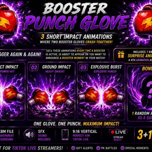May include: A digital graphic for Booster Punch Glove featuring red boxing gloves with yellow lightning bolts. It displays three impact animations: Direct Impact, Ground Impact, and Explosive Burst, plus a bonus random animation with a question mark.