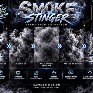 Könnte beinhalten: Eine digitale Smoke Stinger Übergangsanimation mit dichten grauen Rauchwolken. Der Text umfasst SMOKE STINGER, TRANSITION ANIMATION, 1800 ms, SMOKE ENTERS, BUILDS UP, FULL COVER, PASSES THROUGH, CLEAN REVEAL, 4 SECONDS, 9:16, WEBM und CAPCARO MOTION.