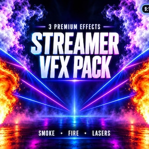 May include: A digital graphic featuring the text 3 PREMIUM EFFECTS STREAMER VFX PACK, SMOKE, FIRE, LASERS, and 9:16 FORMAT. The background displays vibrant purple and blue smoke, bright orange flames, and intersecting neon laser beams.