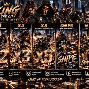 Könnte beinhalten: Eine digitale Werbegrafik mit dem Titel King of the City Animation Collection, die fünf vertikale Paneele mit goldenem Text und dunkler Stadtkulisse zeigt. Die Paneele zeigen X2 Double the Power, X3 Triple the Force, X5 Legendary Support, SNIPE Precision Wins und MVP Thank You. Symbole weisen auf 5 Premium-Animationen, 9:16 Hochformat, transparentes WEBM, OBS- und TikTok Studio-Kompatibilität, Live-Stream-Bereitschaft und sofortigen Download hin.