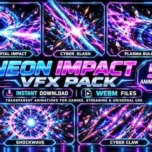 Könnte beinhalten: Eine digitale Grafik mit dem Titel NEON IMPACT VFX PACK, die 5 Animationen enthält, darunter Portal Impact, Cyber Slash, Plasma Bullet, Shockwave und Cyber Claw. Das Design zeigt lebendige violette und blaue Neon-Energieeffekte auf dunklem Grund.