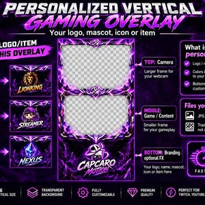 May include: A personalized vertical gaming overlay featuring a purple and black energy-themed design. The layout includes a top frame for a camera, a middle frame for game content, and a bottom branding area labeled Capcaro Motion.