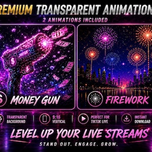 May include: Two digital animations featuring a neon-style money gun shooting cash and diamonds, and a vibrant city skyline with colorful fireworks. The text includes PREMIUM TRANSPARENT ANIMATIONS, MONEY GUN, FIREWORK, and LEVEL UP YOUR LIVE STREAMS.