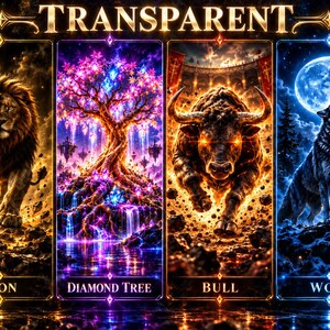 Könnte beinhalten: Ein rechteckiges Wandbild mit der Aufschrift TRANSPARENT, bestehend aus vier vertikalen Feldern. Diese zeigen einen goldenen Löwen, einen leuchtenden violetten Diamantbaum, einen stürmenden Stier mit feurigen Augen und einen heulenden Wolf.