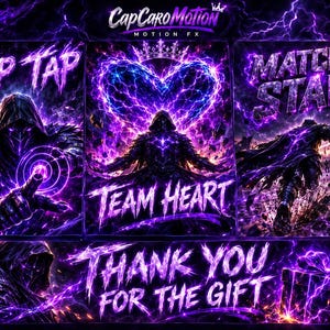Op de afbeelding: Een digitale afbeelding met een figuur in een capuchon omringd door paarse bliksemeffecten. De tekst bevat CapCaroMotion, TAP TAP, TEAM HEART, MATCH START en THANK YOU FOR THE GIFT. Een gloeiende hartvorm en een cadeau zijn ook zichtbaar.