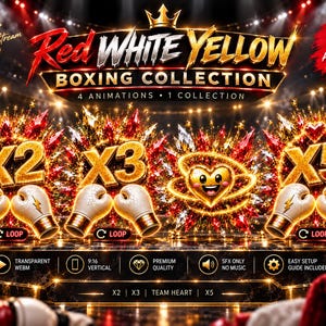 Op de afbeelding: Een digitale grafische set getiteld Red White Yellow Boxing Collection met vier animaties. Het ontwerp bevat witte bokshandschoenen, gouden vermenigvuldigers X2, X3, X5 en een gouden hartpictogram tegen een donkere stadionachtergrond.