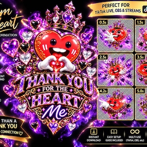 May include: A 3D animated graphic featuring a red heart character wearing a crown, surrounded by purple and white sparkling hearts. The text reads Team Heart Animation and Thank You For The Heart Me, with smaller panels showing various animation frames.