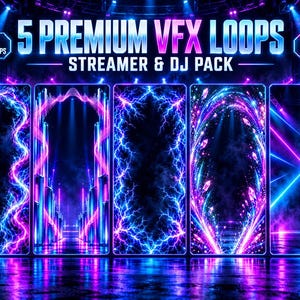 May include: A digital pack of 5 premium VFX loops for streamers and DJs, featuring 9:16 format and 5-second seamless animations. The display shows five vertical panels with blue and purple neon light effects, including lightning, geometric waves, and laser beams.
