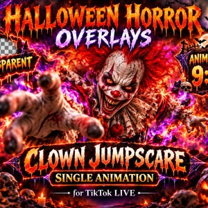 Könnte beinhalten: Eine digitale Grafik mit einem bedrohlichen Clown mit roten Haaren und Make-up, umgeben von violetten und orangefarbenen Flammen. Der Text lautet HALLOWEEN HORROR OVERLAYS, TRANSPARENT, ANIMATION 9:16, CLOWN JUMPSCARE, SINGLE ANIMATION und for TikTok LIVE.