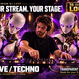 Animated DJ Stream Overlay Twitch / TikTOk Live / Kick - Rave & Techno Robot Loop | 39 seconds
