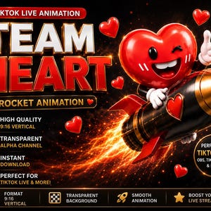 Könnte beinhalten: Eine digitale Grafik mit einer roten Herzfigur mit lächelndem Gesicht, die auf einer schwarz-goldenen Rakete reitet. Der Text lautet TIKTOK LIVE ANIMATION, TEAM HEART, ROCKET ANIMATION, HIGH QUALITY, 9:16 VERTICAL, TRANSPARENT, INSTANT DOWNLOAD und mehr.