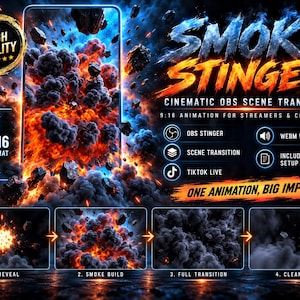 Puede incluir: Un gráfico digital para una transición de escena OBS cinemática Smoke Stinger con nubes de humo naranja y azul ardientes y escombros flotantes. El texto incluye Smoke Stinger, formato 9:16 y una secuencia de animación de cuatro pasos.