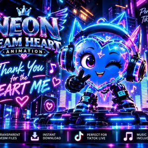 Puede incluir: Un gráfico de animación digital con un personaje azul en forma de corazón con auriculares, guiñando un ojo y haciendo el signo de la paz. El texto dice NEON TEAM HEART ANIMATION, Thank You for the HEART ME, Perfect for TikTok LIVE, Music + SFX.
