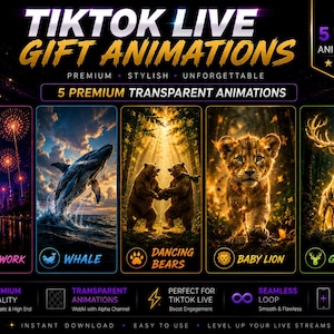 May include: A digital graphic display showcasing five TikTok Live gift animations titled Firework, Whale, Dancing Bears, Baby Lion, and Guardian. The layout features a dark background with gold text, icons, and five vertical panels depicting each animation.
