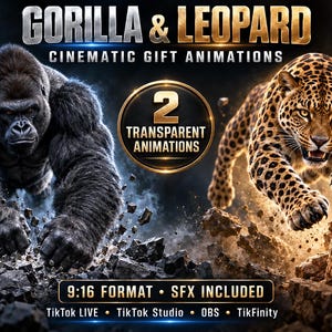 Op de afbeelding: Een digitale afbeelding met een zwarte gorilla en een gevlekte luipaard met de tekst GORILLA & LEOPARD CINEMATIC GIFT ANIMATIONS, 2 TRANSPARENT ANIMATIONS, 9:16 FORMAT • SFX INCLUDED, TikTok LIVE • TikTok Studio • OBS • TikFinity.