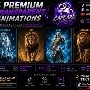 Puede incluir: Un gráfico digital que muestra 4 animaciones transparentes premium para transmisiones en vivo, con un tigre blanco, un león, Zeus y un león con un cachorro. El texto incluye Capcaro Motion, TikTok Live, Twitch, YouTube y compatibilidad con OBS Studio.