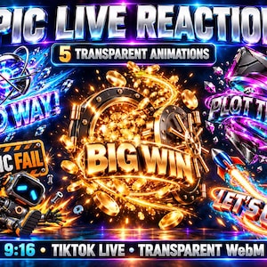 Peut inclure: Un graphique numérique intitulé EPIC LIVE REACTIONS présentant 5 animations transparentes, dont un coffre-fort avec des pièces d'or marqué BIG WIN, un robot marqué EPIC FAIL, et les textes NO WAY, PLOT TWIST et LET'S GO avec une icône de fusée.