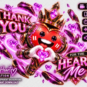 Op de afbeelding: Een digitaal animatie-item met een rood hartvormig personage met een kroon, dat een hartgebaar maakt met witte handen. De tekst luidt THANK YOU FOR THE HEART ME. Omringd door gloeiende paarse kristallen en roze lichteffecten op een transparante achtergrond.