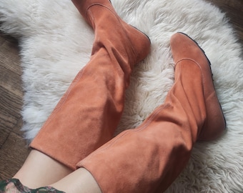 Vintage Y2K Ochsner Suede Slouchy Boots Terracotta Burnt Orange Pull On Knee High Retro Boho Boots Size EU 37 US 7 Narrow
