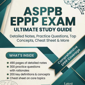 Puede incluir: Una guía de estudio digital para el examen EPPP con fondo crema y detalles geométricos en verde azulado oscuro. El texto dice ASPPB EPPP EXAM ULTIMATE STUDY GUIDE, 2025-2026, e incluye 490 páginas de notas y 300 preguntas de práctica.