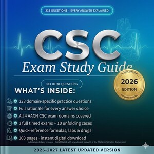 Op de afbeelding: Een blauwe boekomslag voor de CSC Exam Study Guide met de tekst 333 QUESTIONS EVERY ANSWER EXPLAINED en 2026 EDITION op een gouden zegel. De omslag vermeldt kenmerken zoals 333 domeinspecifieke oefenvragen en 203 pagina's.