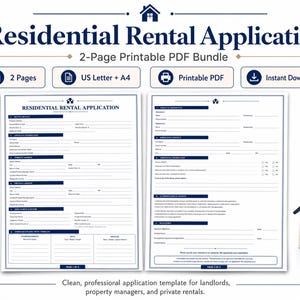 Puede incluir: Un paquete de solicitud de alquiler residencial de dos páginas en PDF imprimible con texto azul oscuro sobre papel blanco. El documento incluye secciones para información del solicitante, direcciones actuales y anteriores, historial laboral y referencias.