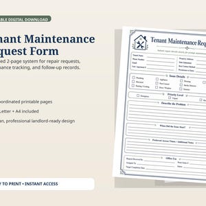 May include: A printable Tenant Maintenance Request Form document featuring a dark blue header with a house and tools icon. The form includes fields for tenant information, property address, issue details, priority levels, and problem descriptions.