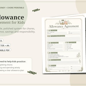 Peut inclure: Un contrat d'argent de poche imprimable pour enfants comprenant trois pages aux formats US Letter et A4. Le document inclut des sections pour les détails familiaux, les montants, les objectifs d'épargne, les accords et récompenses, avec une tirelire.