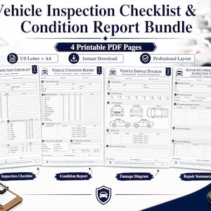 May include: A bundle of four printable PDF pages titled Vehicle Inspection Checklist & Condition Report Bundle. The documents include a Vehicle Inspection Checklist, Vehicle Condition Report, Vehicle Damage Diagram, and Repair Recommendations.
