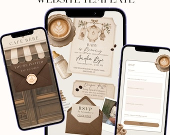 Sitio web para baby shower "Baby Is Brewing", invitación RSVP de Cafe Bebe, plantilla editable de Canva con temática de café, invitación digital