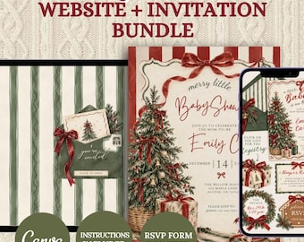 Puede incluir: Un paquete de sitio web e invitación para baby shower con una tableta y un teléfono inteligente que muestran plantillas digitales con gráficos navideños en rojo y verde, incluyendo un árbol decorado, lazos y detalles del evento.