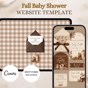 May include: A digital website template for a fall baby shower displayed on a tablet and smartphone. The design features a brown gingham background, an envelope graphic with the text You've been invited, and various event details like RSVP.