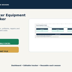 May include: A digital Soccer Equipment Tracker spreadsheet template featuring a dashboard layout with sections for inventory, reorder tags, and assigned kits. The interface includes text labels for tracking gear, uniforms, repairs, and replacement costs.