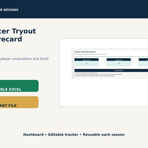 May include: A digital Soccer Tryout Scorecard template by Quiet Pine Designs. The layout features a dashboard with sections for player scores, average scores, and selected players, plus a tryout workflow guide. Includes editable Excel and instant file buttons.