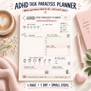 Puede incluir: Un bloc de notas ADHD Task Paralysis Planner con secciones para sentimientos, enfoque, tareas y progreso. La página presenta colores pastel, iconos y texto que incluye 'ADHD Task Paralysis Planner', 'When you know what to do... but can't start' y '1 Page 1 Day Small Steps'.