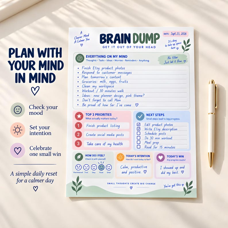 ADHD Daily Brain Dump Printable Planner Worksheet Digital Day Task and ...